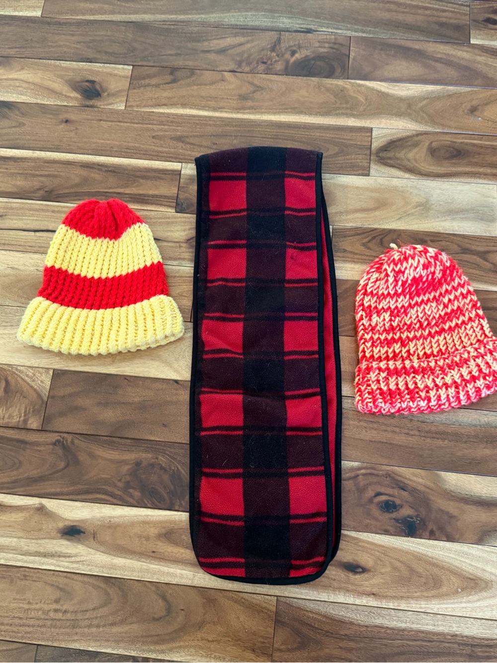 GAP Kids Red/Black Plaid Scarf with Yellow/Red and Red/Pink Knit Hats